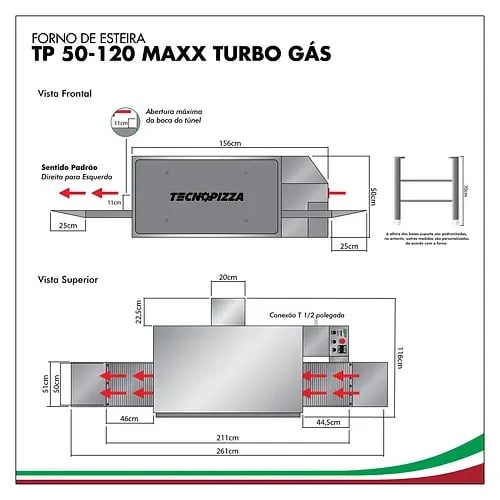 FORNO ESTEIRA TECNOPIZZA  TP 50-120 MAXX TURBO A GÁS